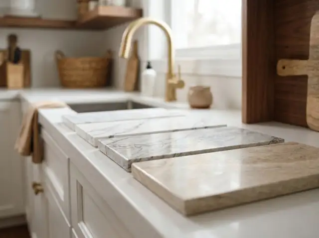 Illustration of white, gray and beige countertop stone samples laid out on a kitchen counter